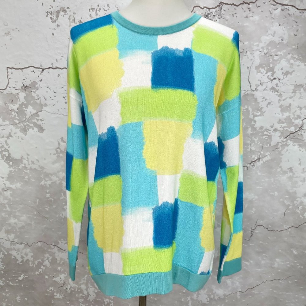 Edinburgh Knitwear Blue Yellow Squares Crewneck Sweater S NWT